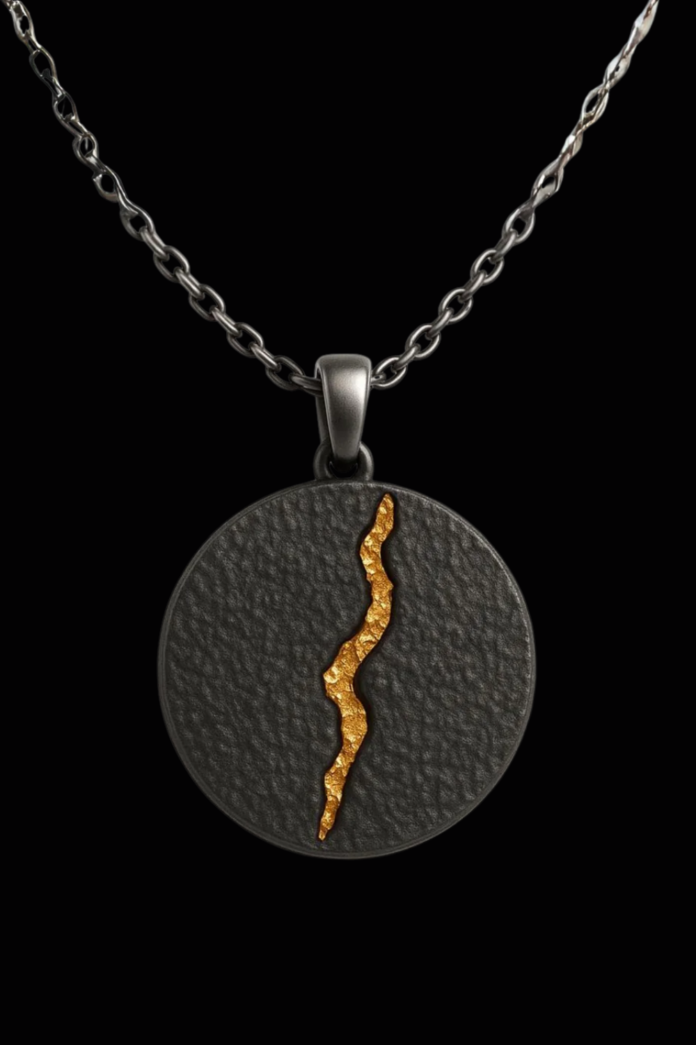 A necklace with a circular pendant featuring a gold-colored lightning bolt design.