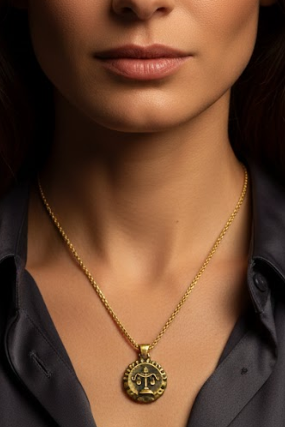 A close-up of a woman's neck and chest area, with a gold-colored necklace featuring a pendant.