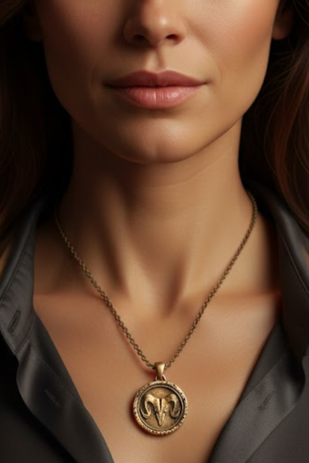 A close-up of a woman's neck and chest area, with a gold-colored pendant necklace featuring a circular medallion with a ram design.
