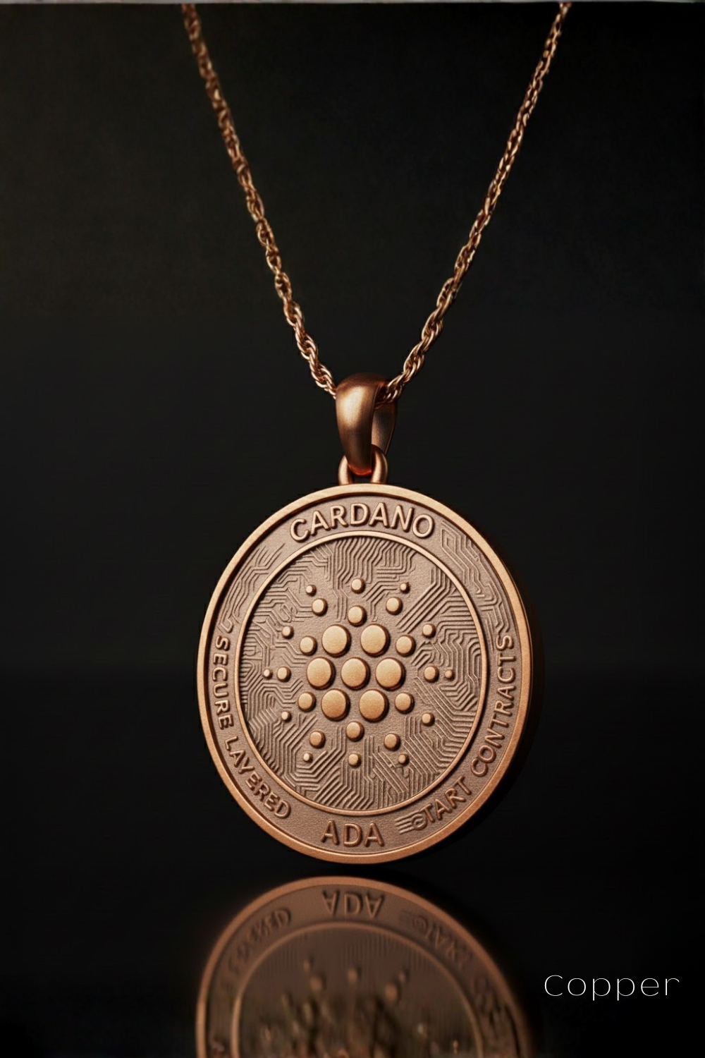 A copper-colored pendant necklace with a circular medallion featuring the words "CARDANO" and "ADA" engraved on it, suspended from a chain against a dark background.