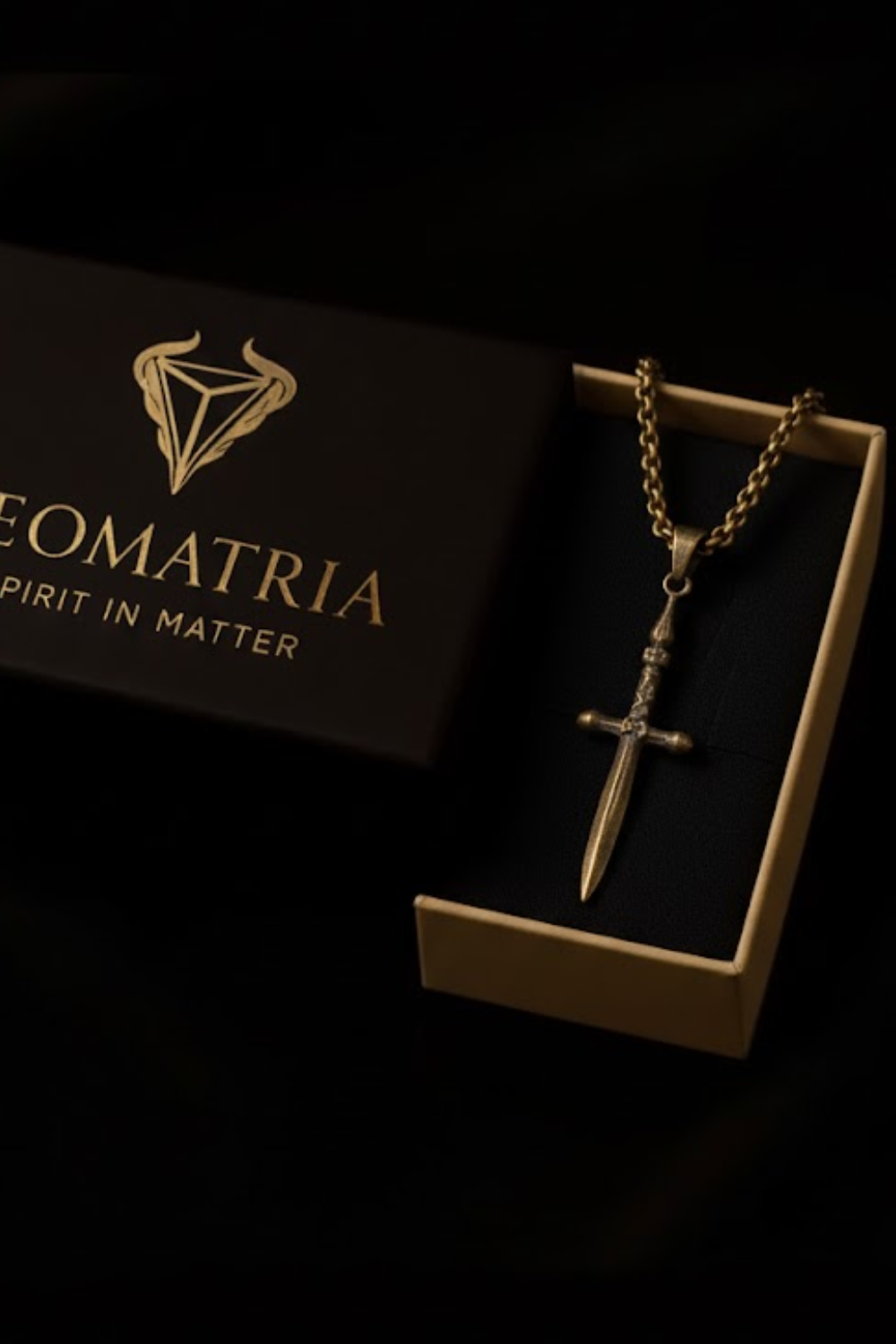 A gold-colored pendant necklace with a cross pendant is displayed in a gold-colored box with the text "EOMATRIA" and "SPIRIT IN MATTERS" printed on it.