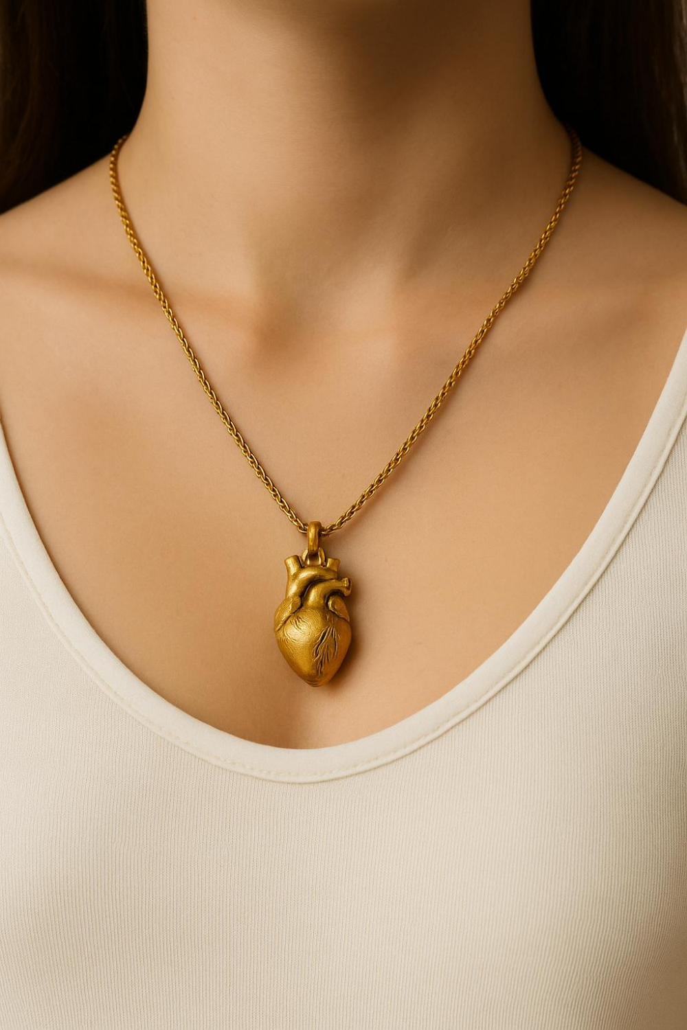 A gold-colored heart-shaped pendant necklace is worn around a person's neck.