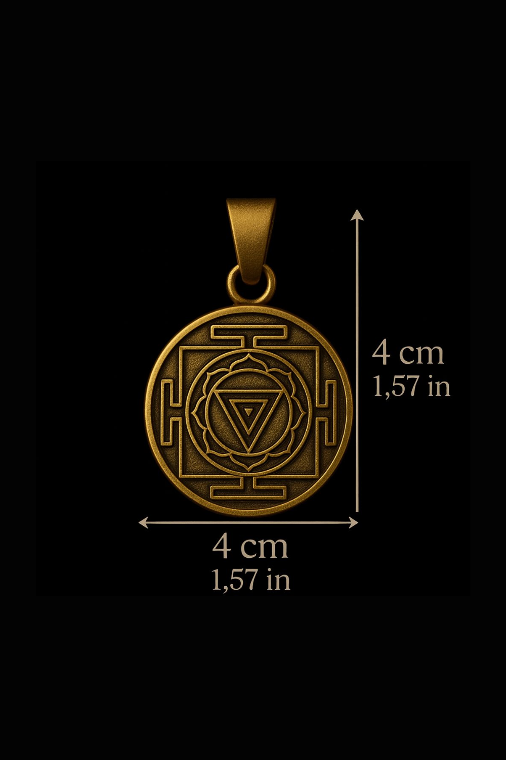 A gold-colored pendant with a geometric design, possibly a symbol or emblem, is shown against a black background.