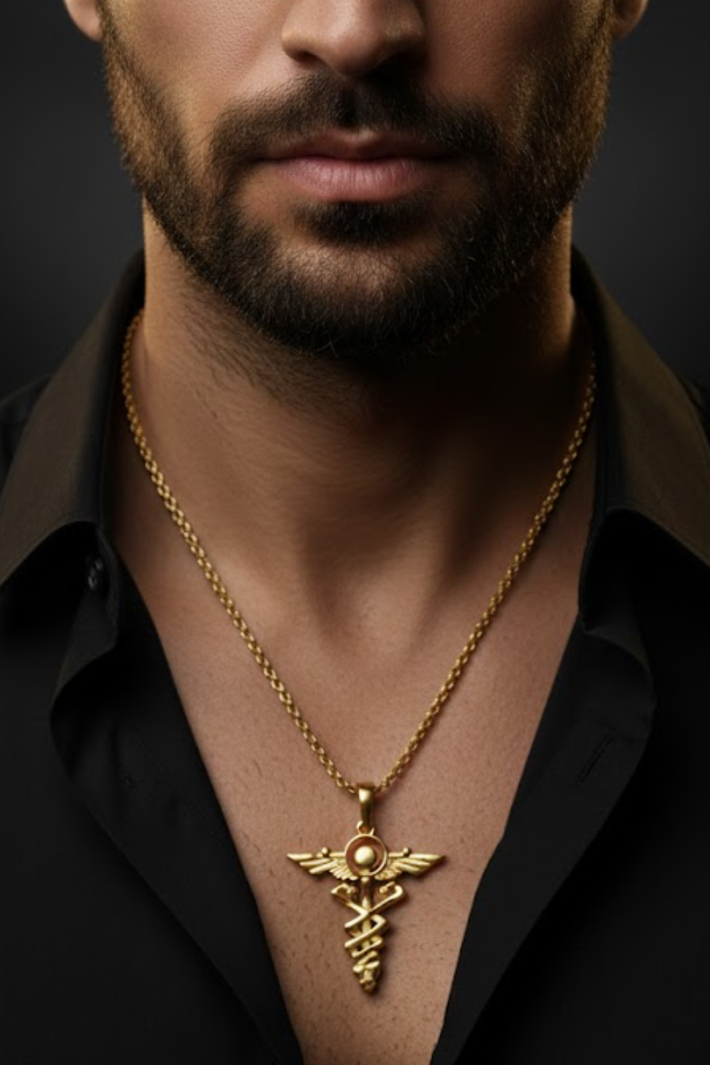 A close-up of a man's neck and chest area, with a gold-colored pendant necklace featuring a medical symbol.