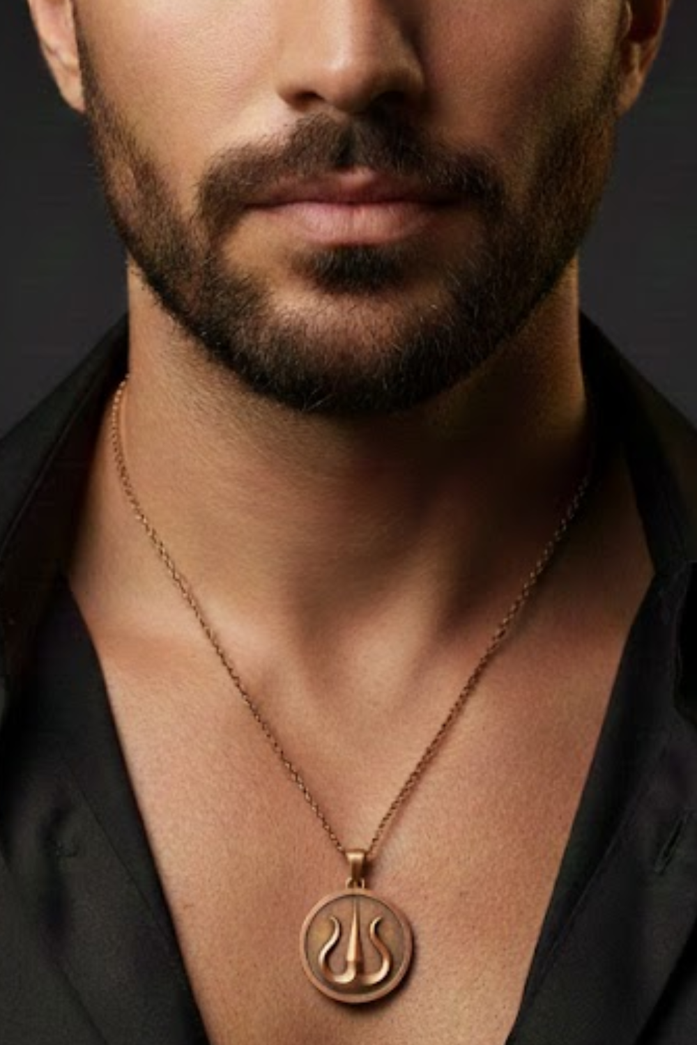A close-up of a man's neck and chest area, with a gold-colored necklace featuring a pendant.
