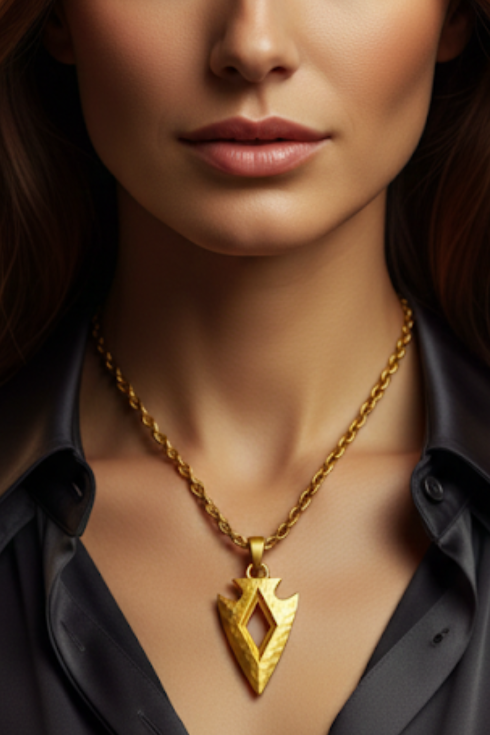 A close-up of a woman's neck and chest area, with a gold necklace featuring a pendant prominently displayed.