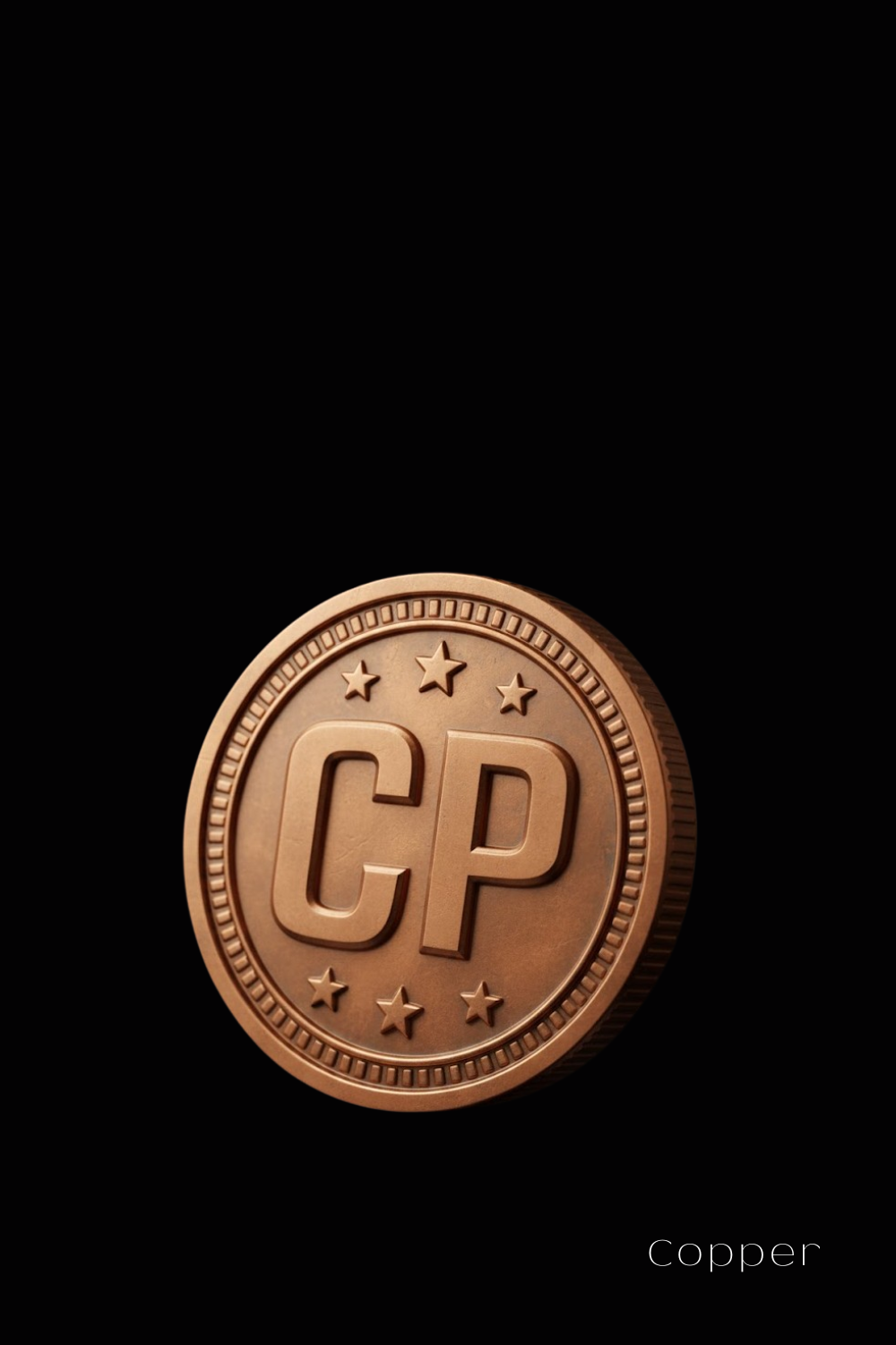 A copper-colored coin with the letters "CP" prominently displayed in the center.