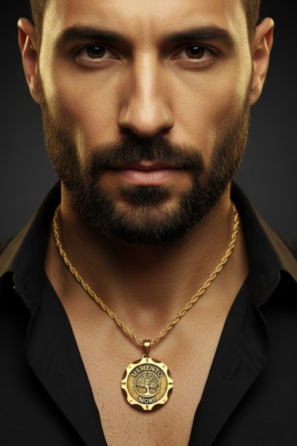A close-up portrait of a man with a beard wearing a gold necklace with a pendant.