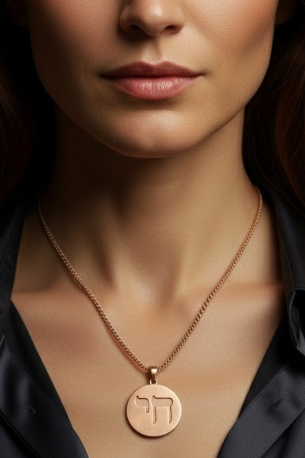 A close-up of a woman's neck and chest area, with a gold-colored pendant featuring an image of a person's face.