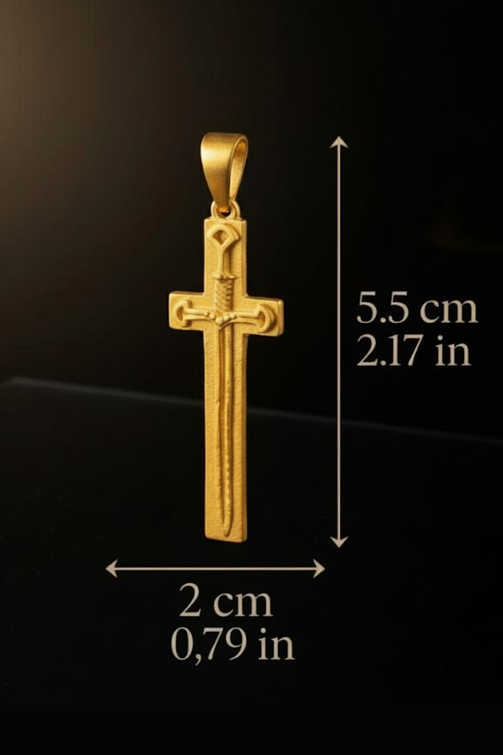 A gold cross pendant with a sword design, measuring 5.5 cm in length and 2.17 cm in width.