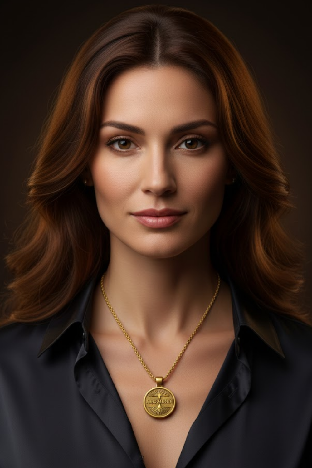 A portrait of a woman with long brown hair wearing a black blouse and a gold necklace with a pendant.