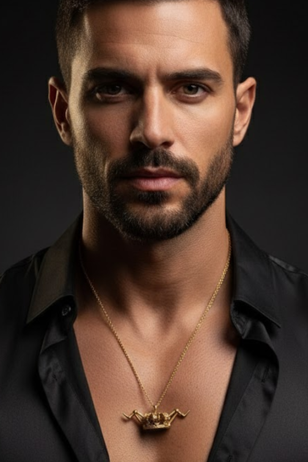 A man with a beard wearing a black shirt and a gold necklace with a crown pendant.