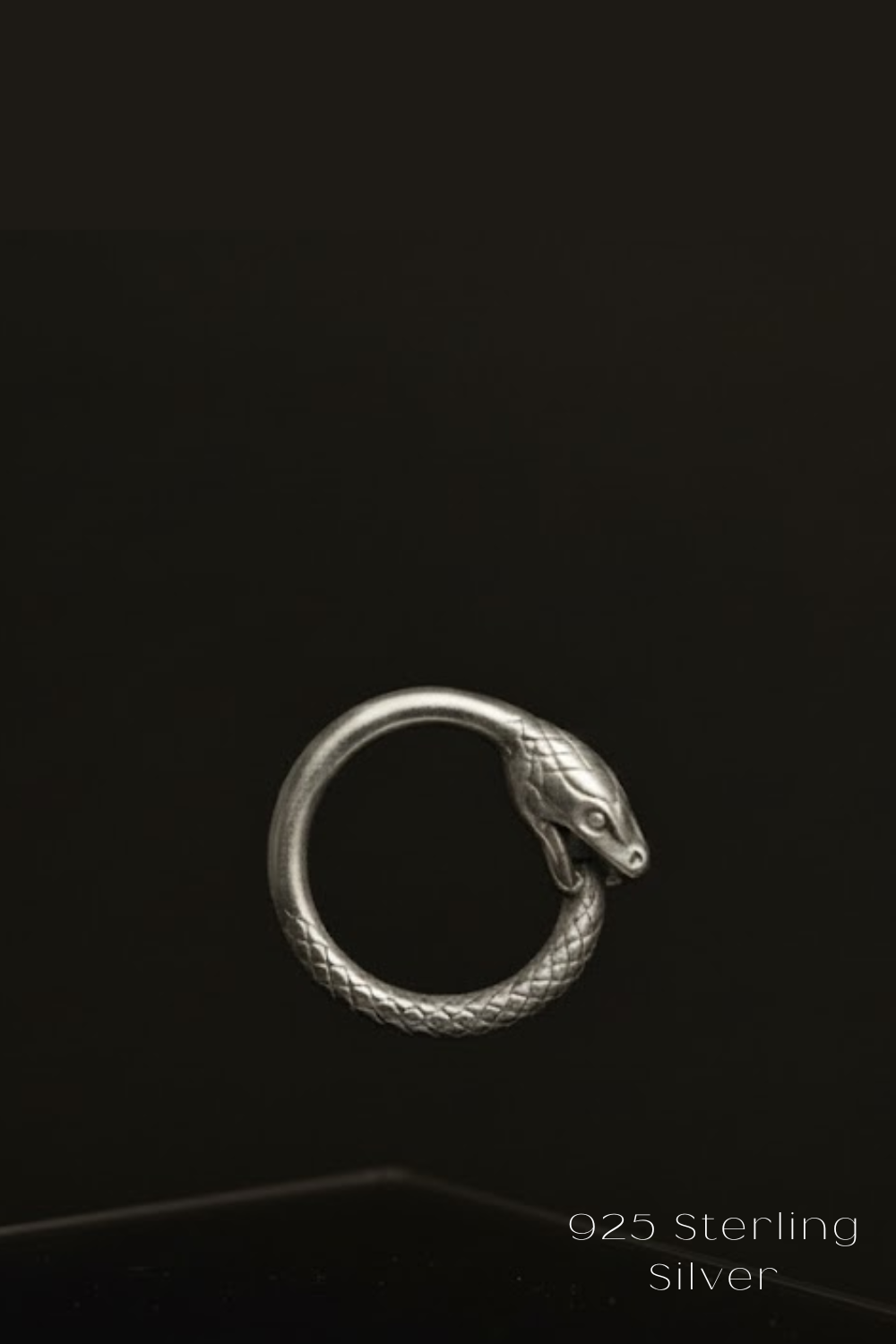 A silver snake-shaped ring against a black background.