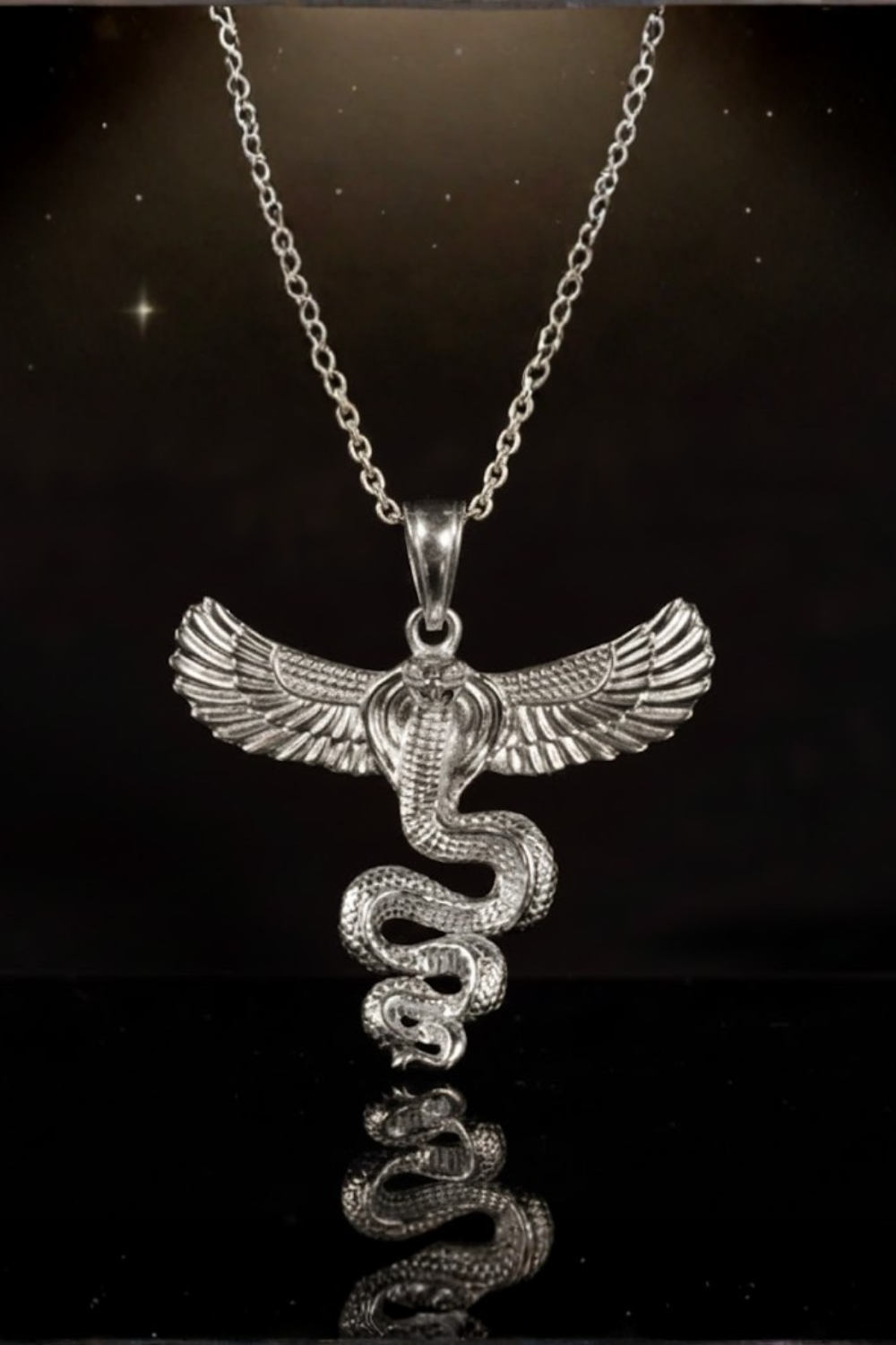 A silver pendant necklace with a detailed design of a snake and wings, suspended against a dark background with a starry sky.