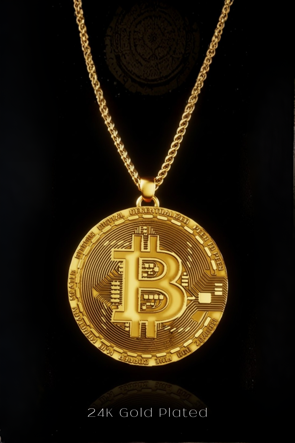 A 24K gold-plated pendant necklace with a large, intricately designed Bitcoin symbol on a circular background.