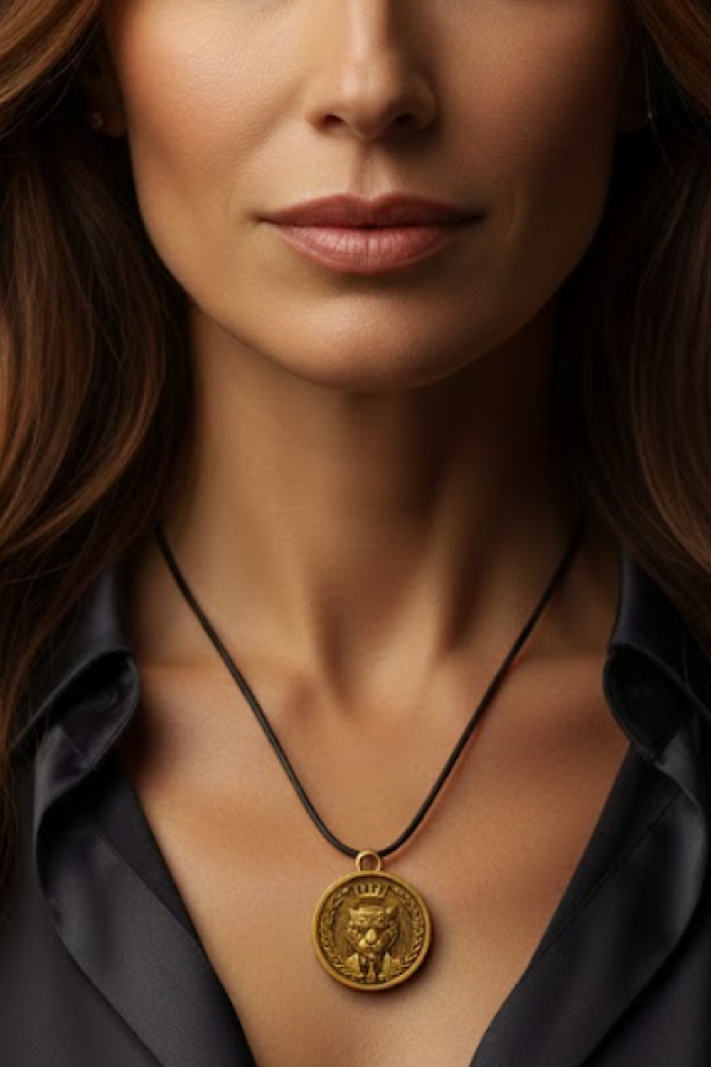 A close-up of a woman's face, focusing on her necklace and the pendant.