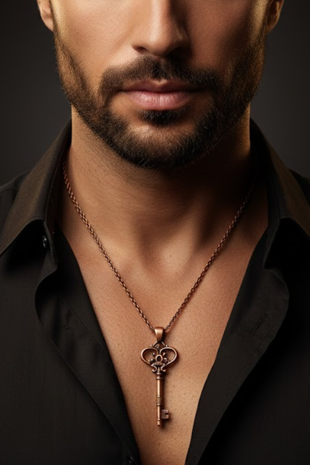 A close-up portrait of a man with a beard wearing a black shirt and a necklace with a key pendant.