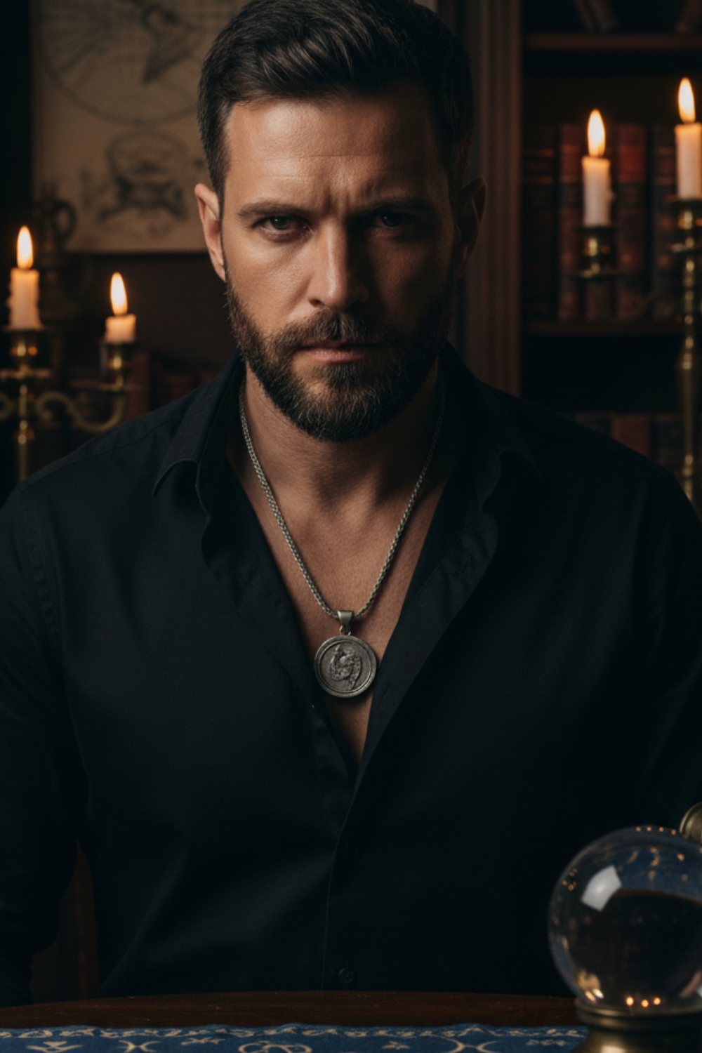 A man with a beard wearing a black shirt and a necklace is sitting at a desk in a dimly lit room, with a crystal ball and candles in the background.