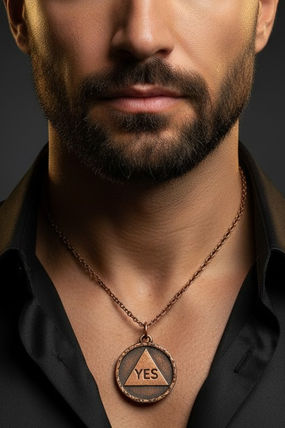 A close-up of a man's neck and chest area, with a pendant necklace featuring a circular pendant with the word "YES" on it.