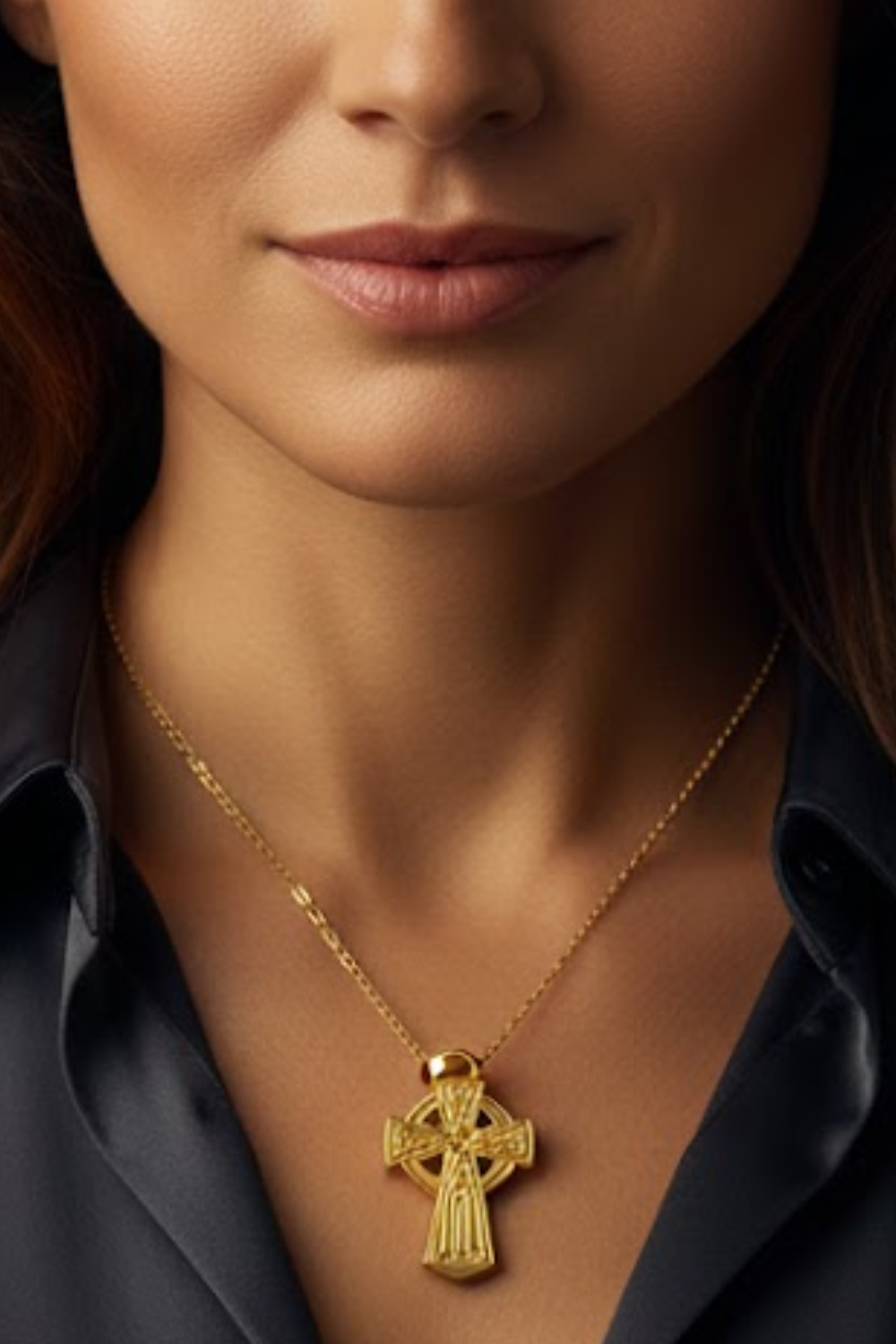 A close-up of a woman's neck and chest area, with a gold cross pendant hanging from a gold chain.