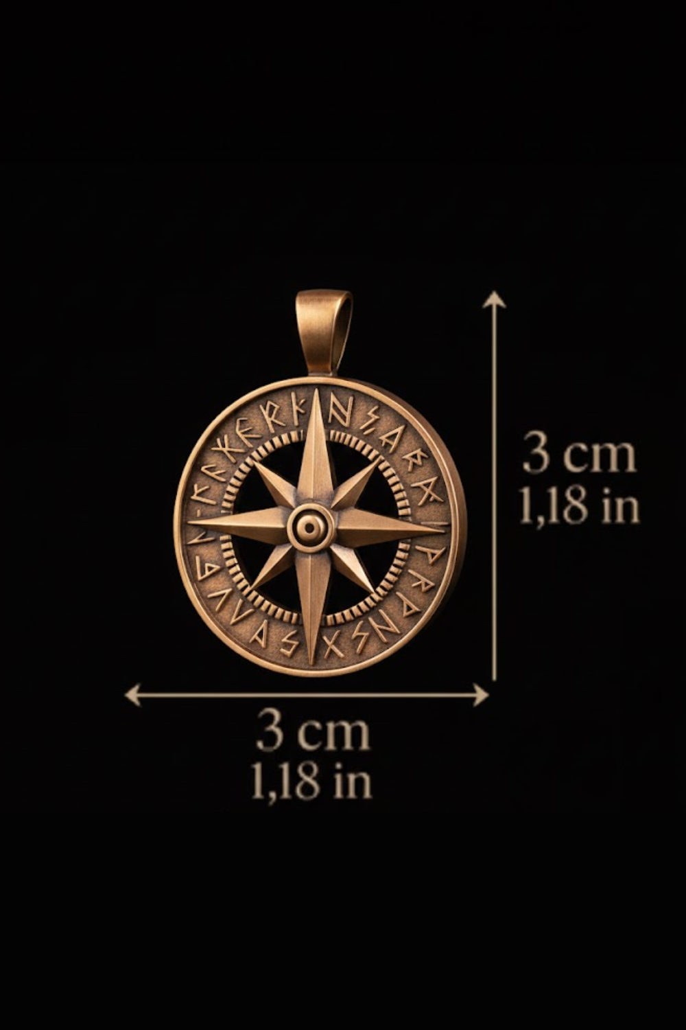 A bronze compass pendant with Roman numerals on its face, set against a black background.