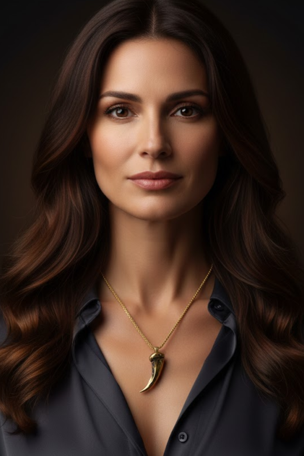 A portrait of a woman with long brown hair wearing a necklace with a pendant.