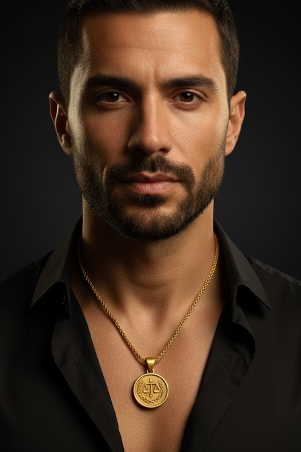 A man with a beard wearing a black shirt and a gold necklace with a pendant.