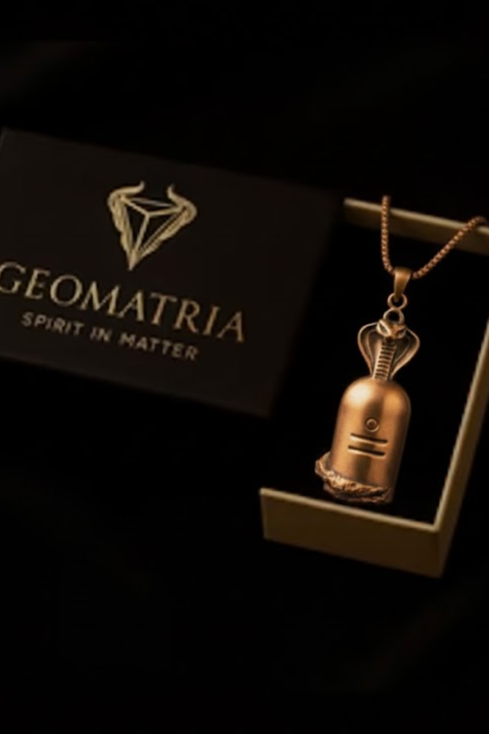 a necklace with a pendant, displayed in a box with a dark background.