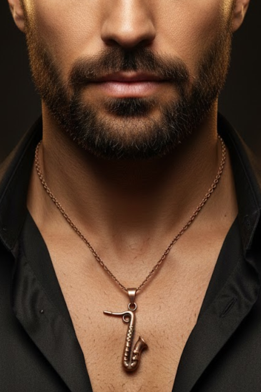 A close-up of a man's neck and chest area, with a pendant necklace featuring a saxophone pendant.