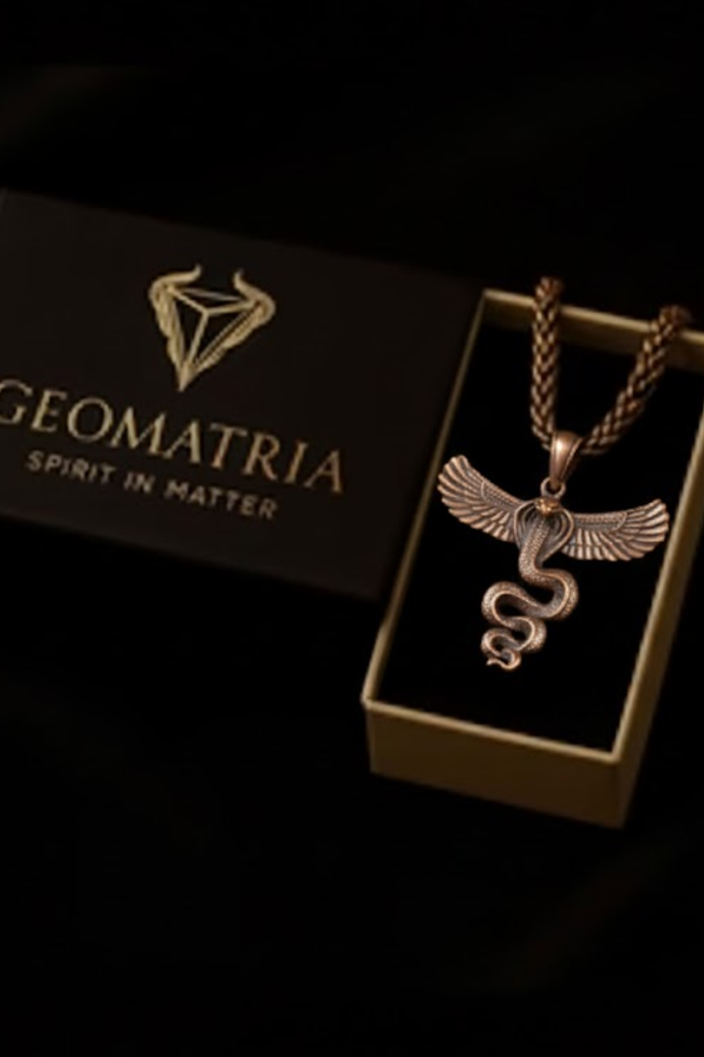 A pendant necklace with a winged snake design, displayed in a black box with the Geomatria brand name.
