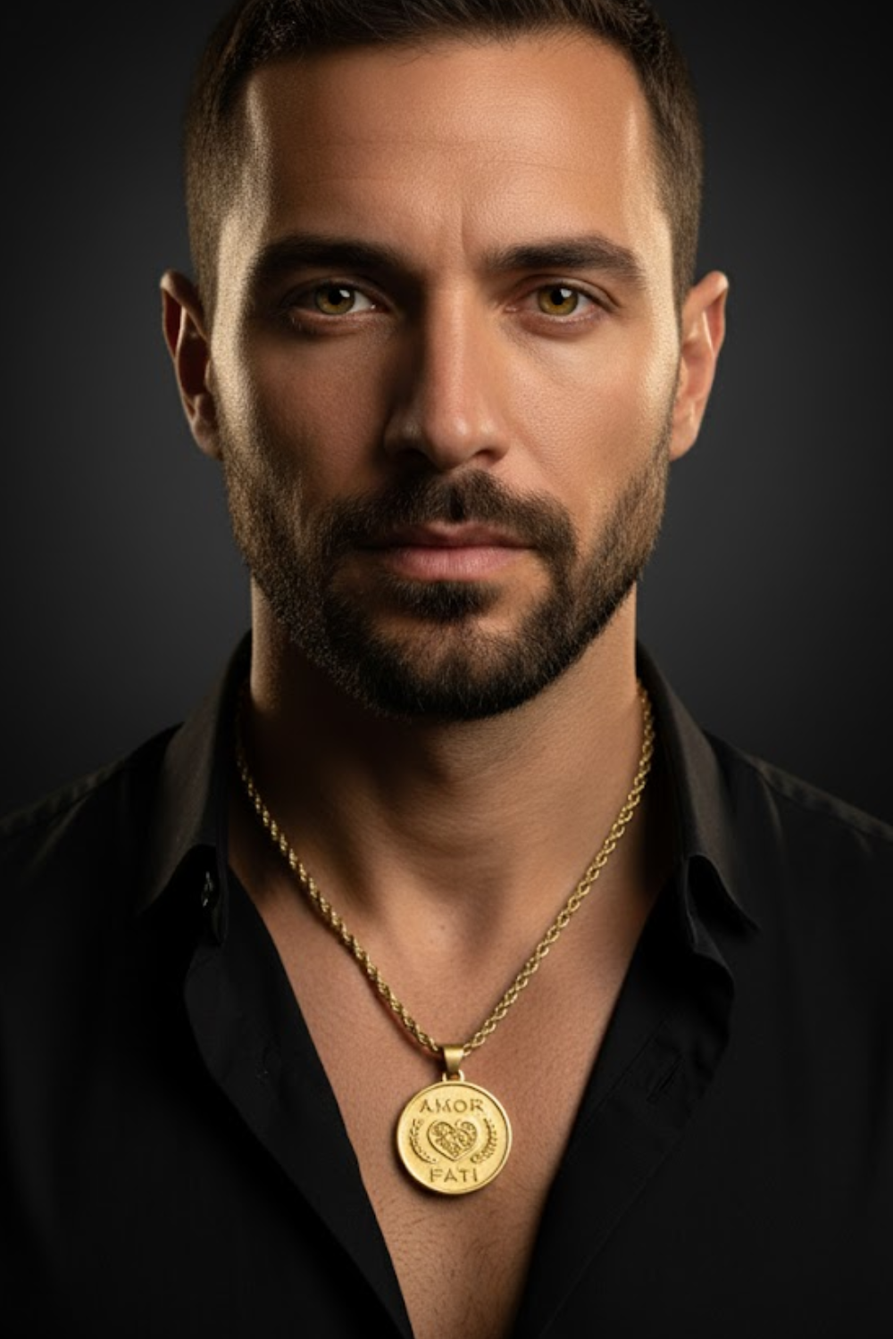 A man with a beard wearing a black shirt and a gold necklace with a pendant.