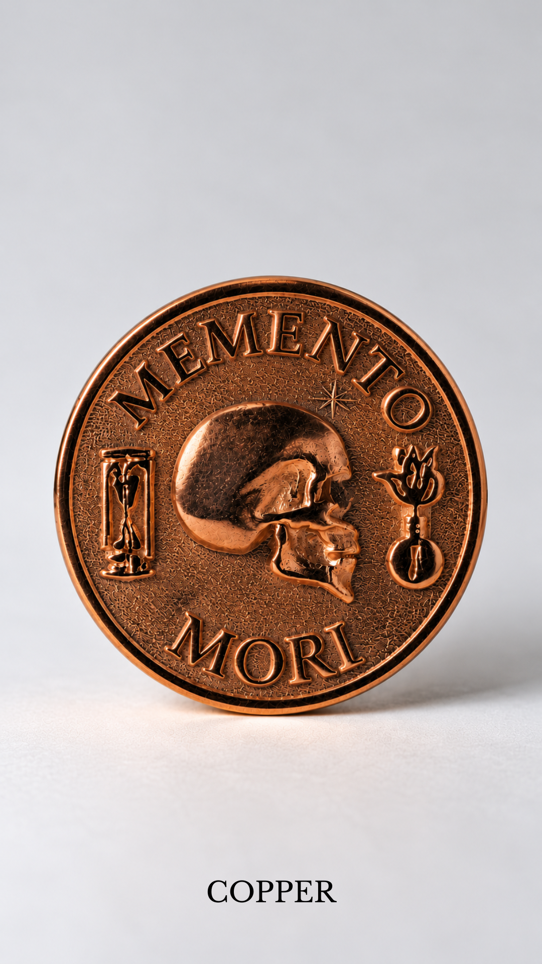 Moneda Memento Mori | Símbolo de mortalidad, sabiduría y presencia | Hecho a mano en plata de ley 925, chapado en oro de 24 quilates, bronce, cobre