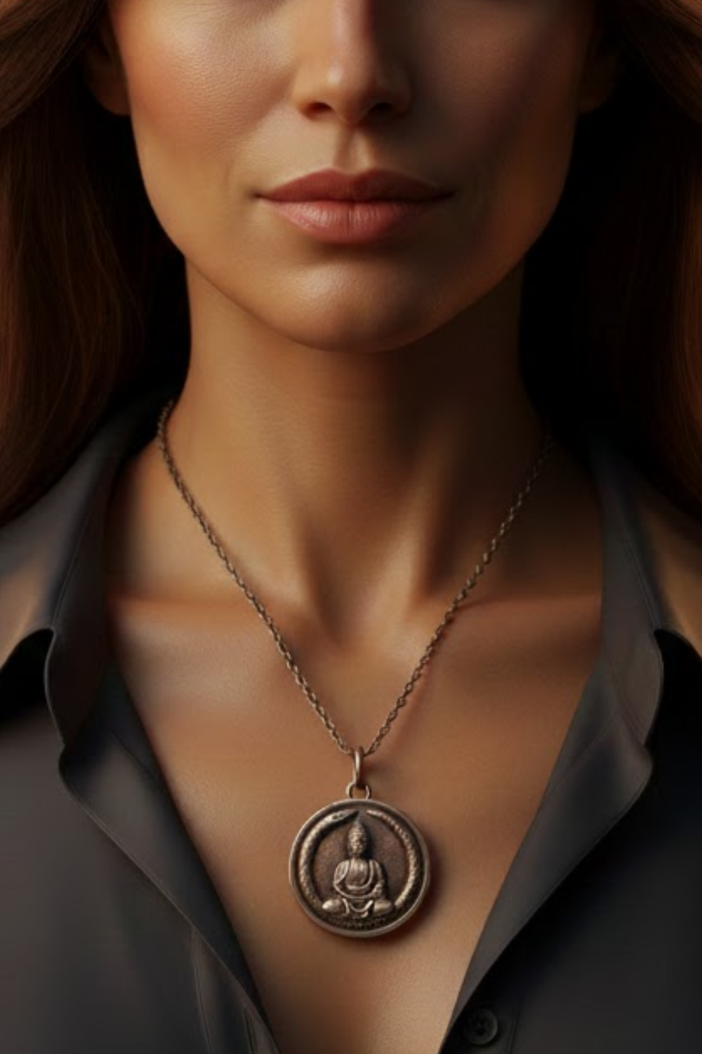 A close-up of a woman's neck and chest area, with a pendant featuring a Buddha image hanging from a necklace.