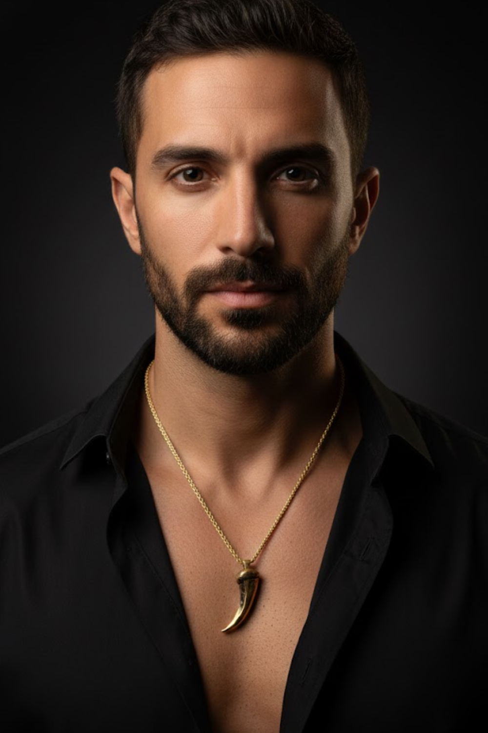 A man with a beard wearing a black shirt and a gold necklace with a pendant.