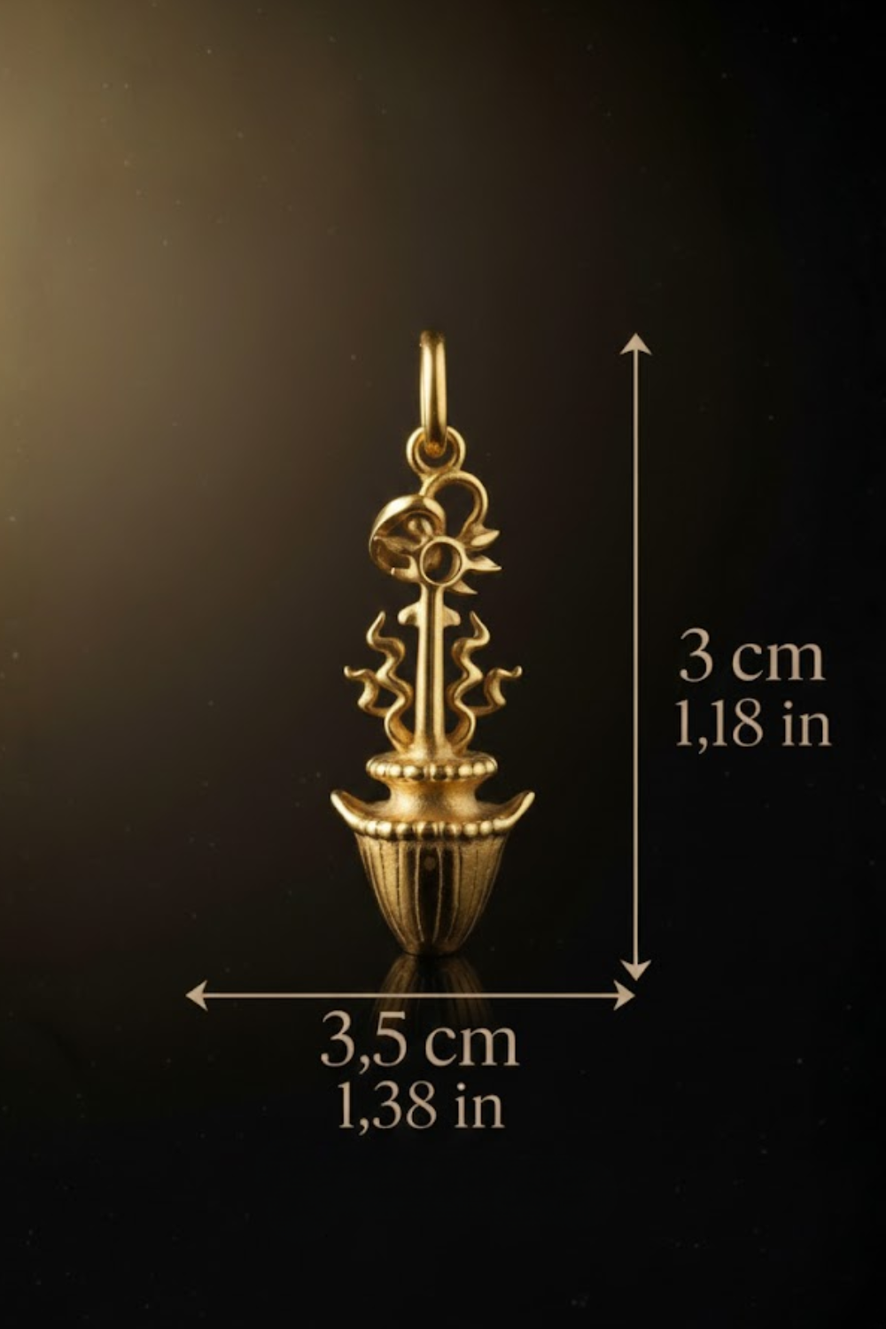 A gold-colored pendant with a floral design, measuring 3.5 cm in length.