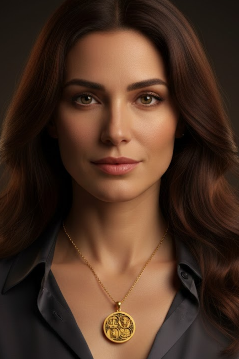 A woman with long brown hair wearing a necklace with a large pendant, looking directly at the camera with a serious expression.