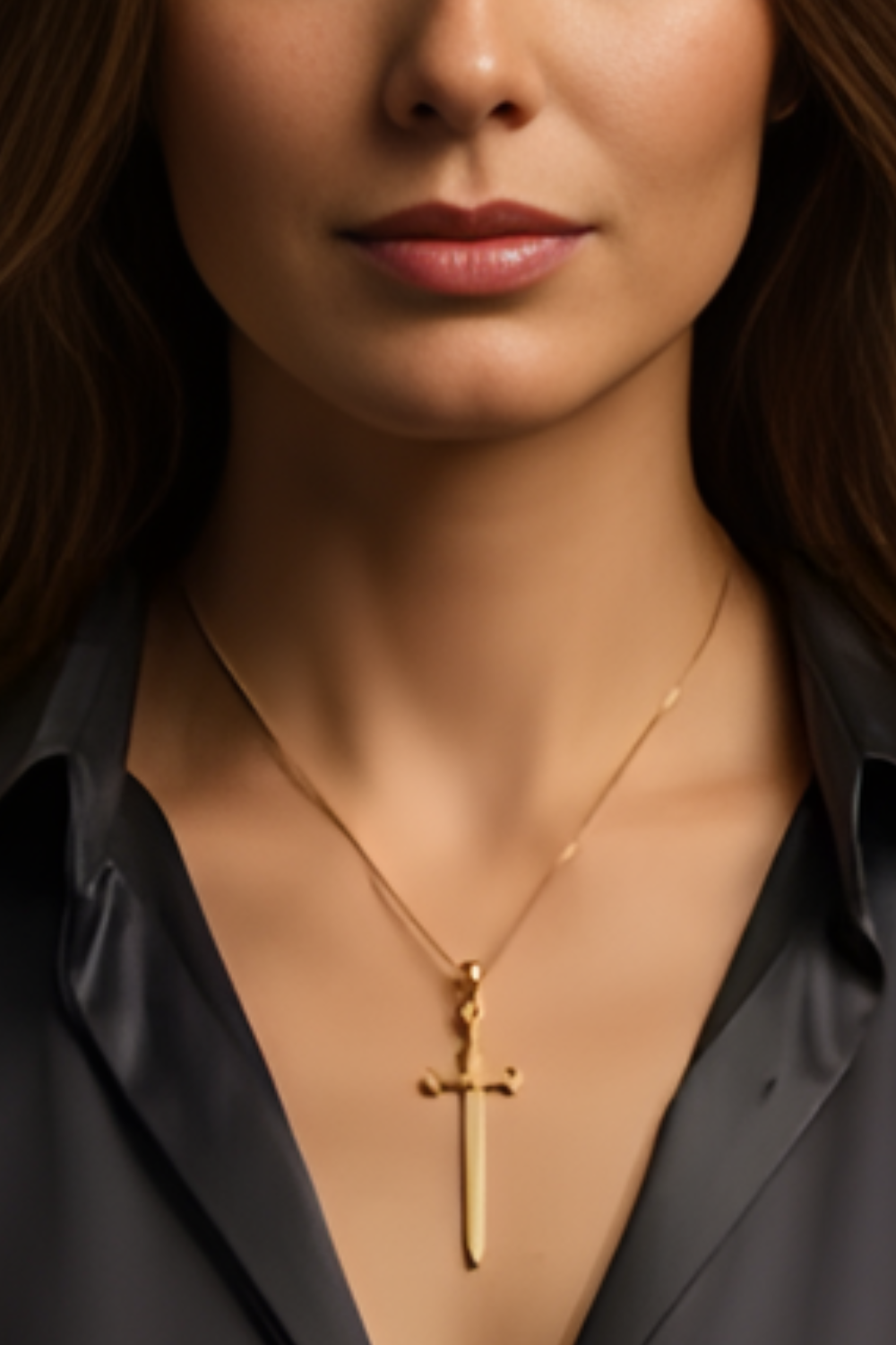 A close-up of a woman's neck and chest area, with a gold cross pendant hanging from a gold chain.