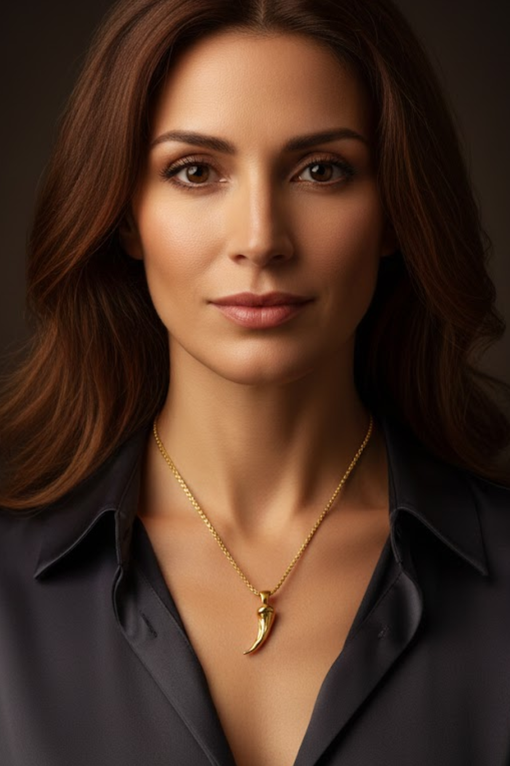 A portrait of a woman with long brown hair wearing a black blouse and a gold necklace with a pendant.