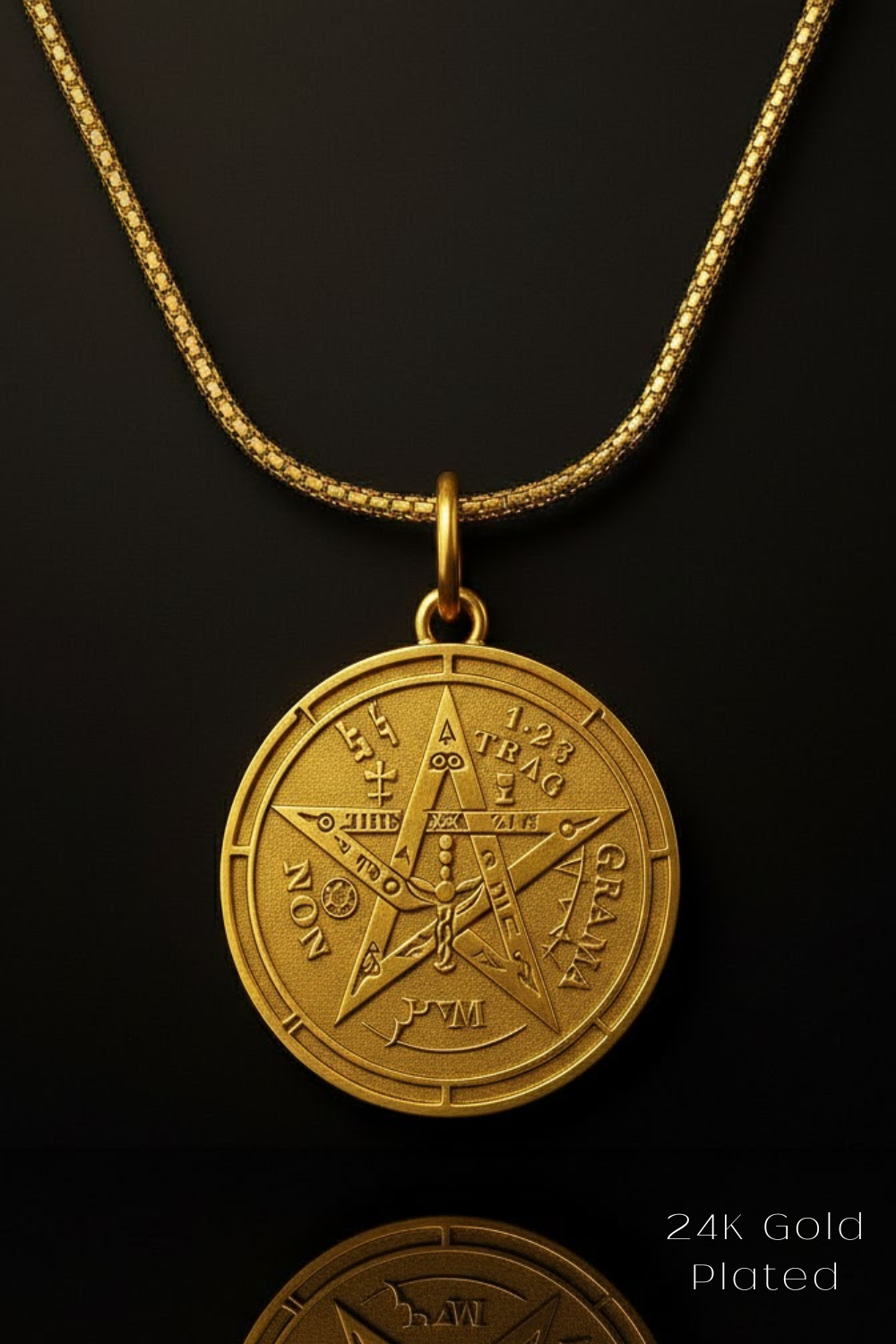 A 24K gold-plated pendant featuring a pentagram medallion with various symbols and text.