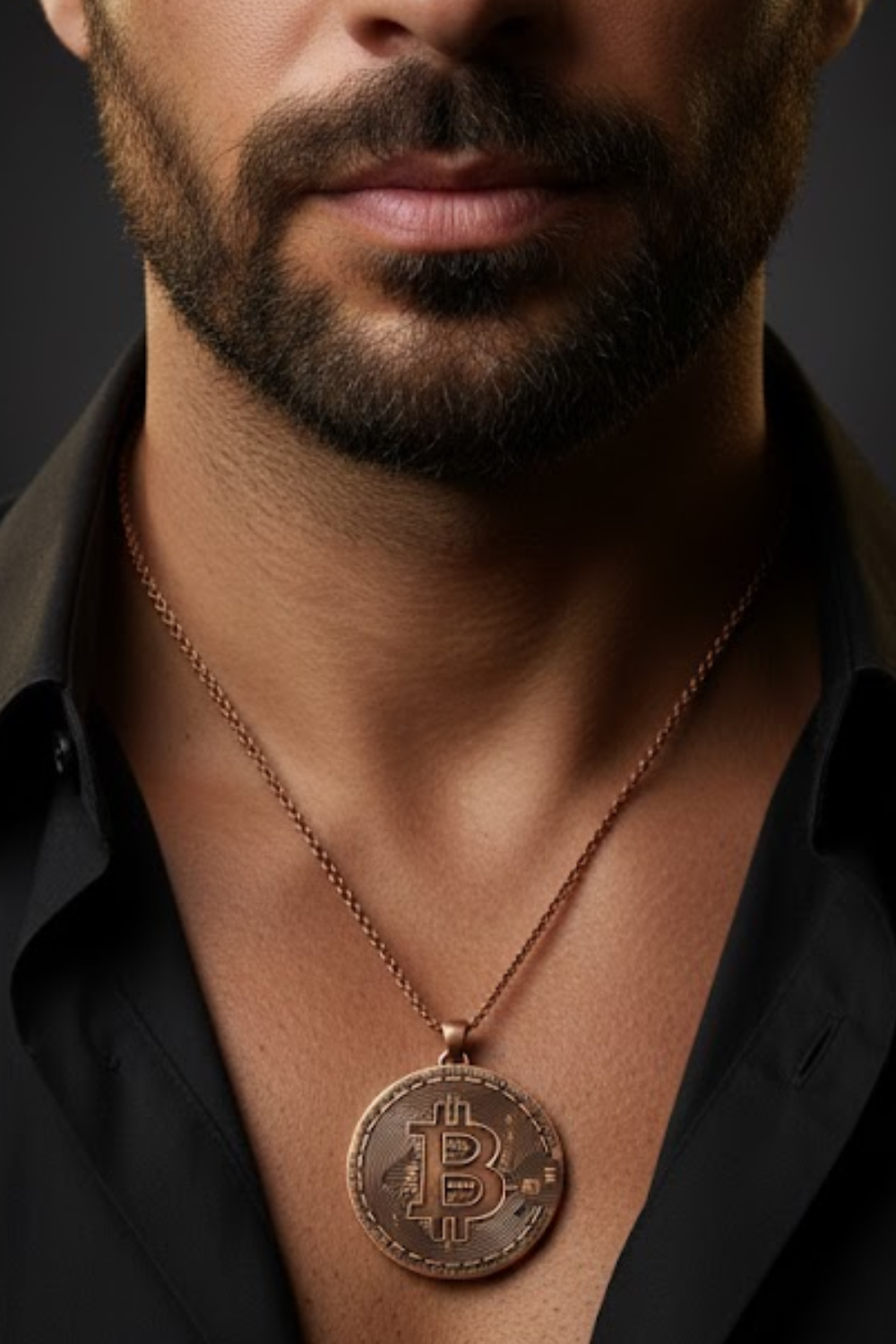 A close-up of a man's neck and chest area, with a large circular pendant featuring the Bitcoin symbol hanging from a chain around his neck.
