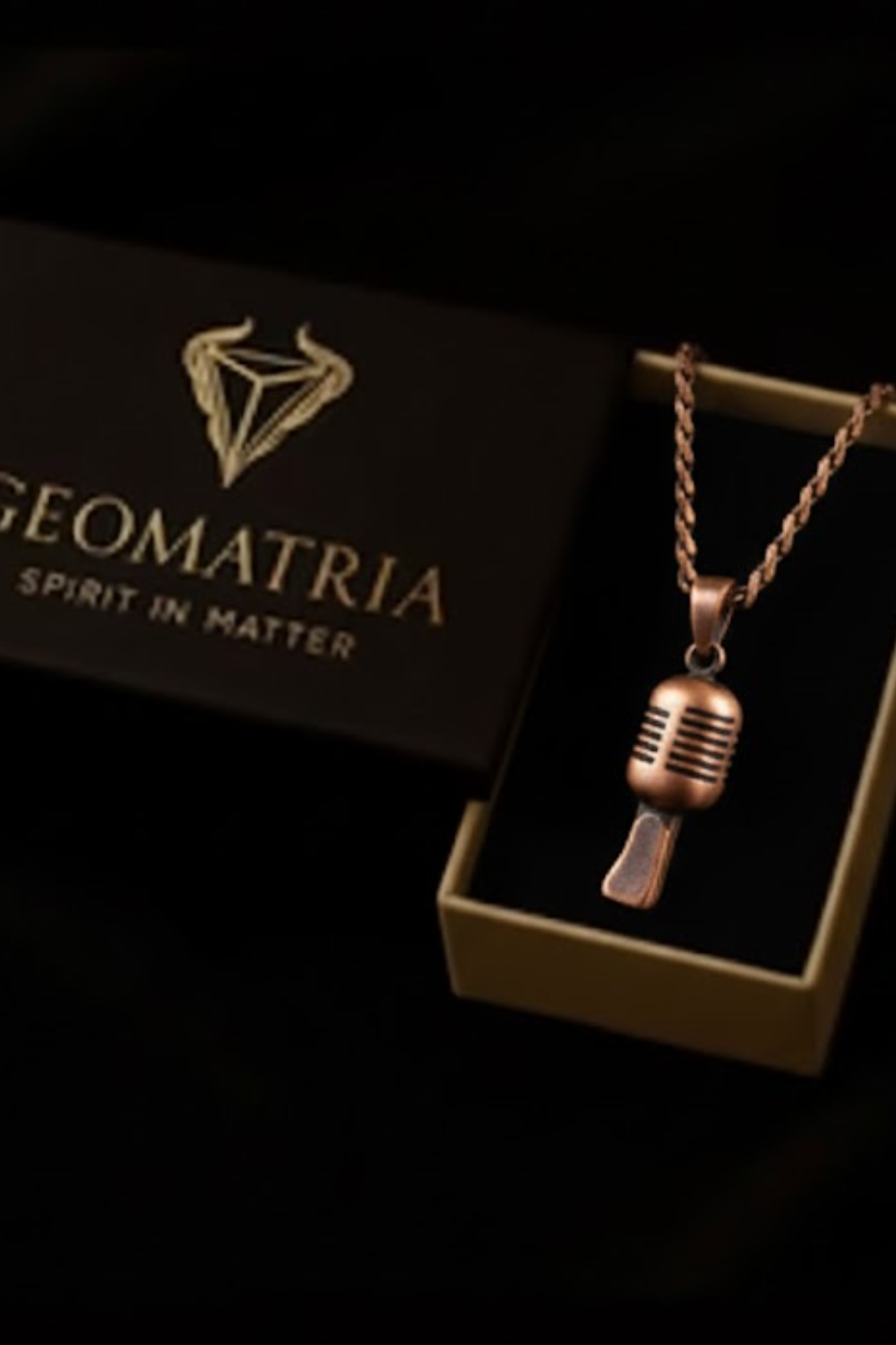 a necklace with a microphone pendant, displayed in a black box with a gold logo.