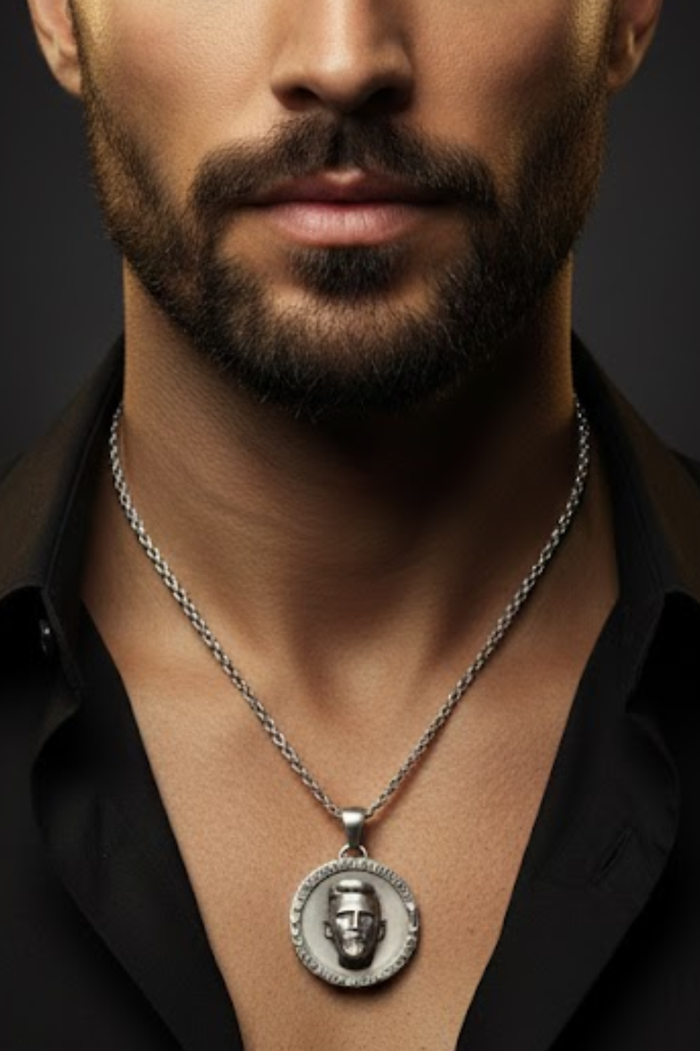 A close-up of a man's neck and chest area, with a silver necklace featuring a pendant with a portrait of a man's face.
