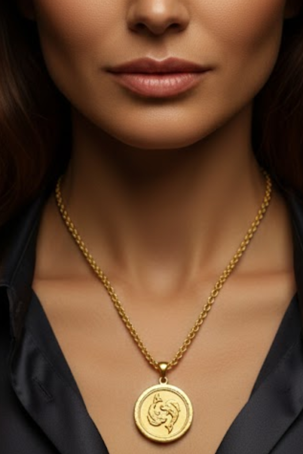 A close-up of a woman's neck and chest area, with a gold necklace featuring a pendant.