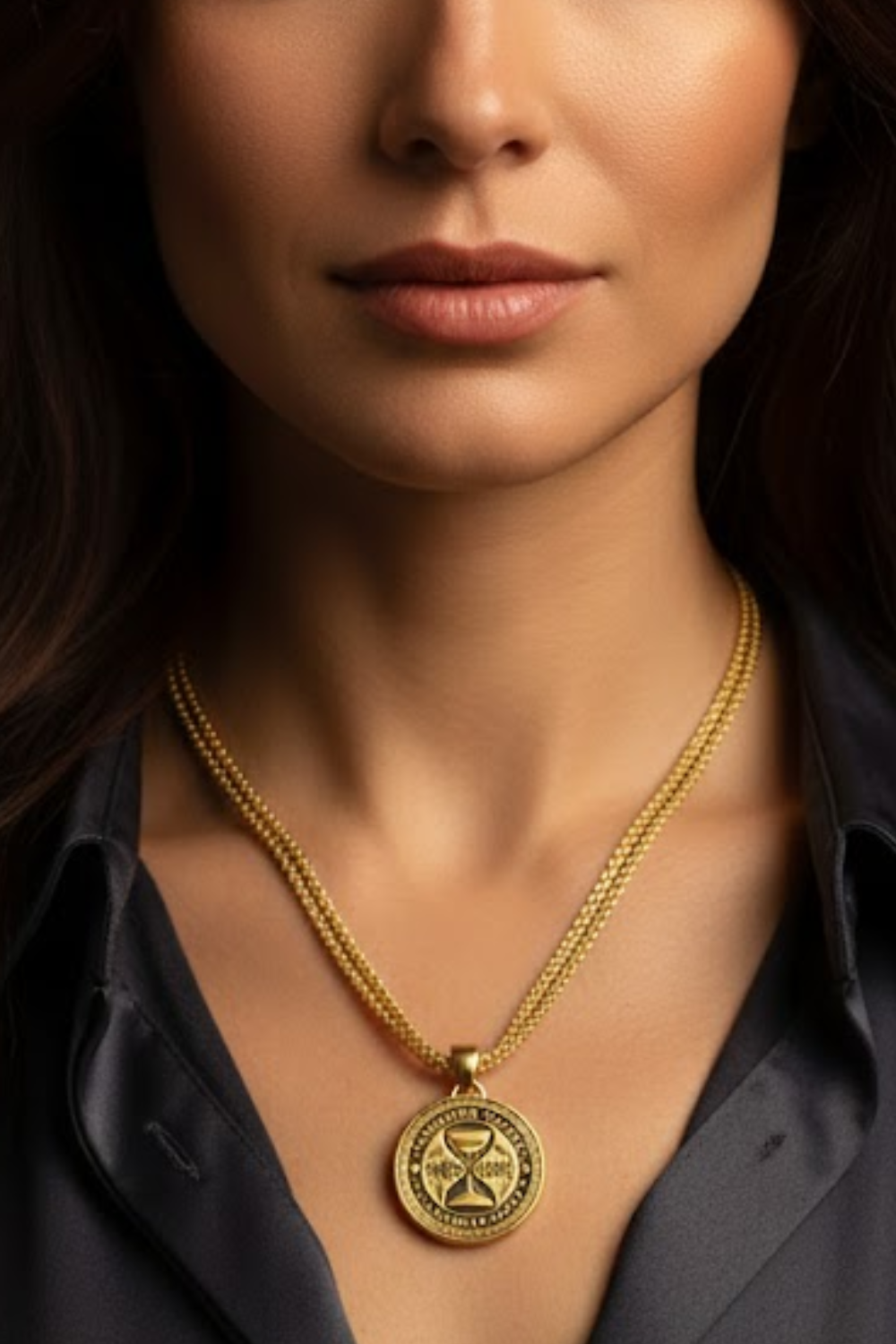 A close-up of a woman's neck and chest area, with a gold necklace featuring a large pendant.