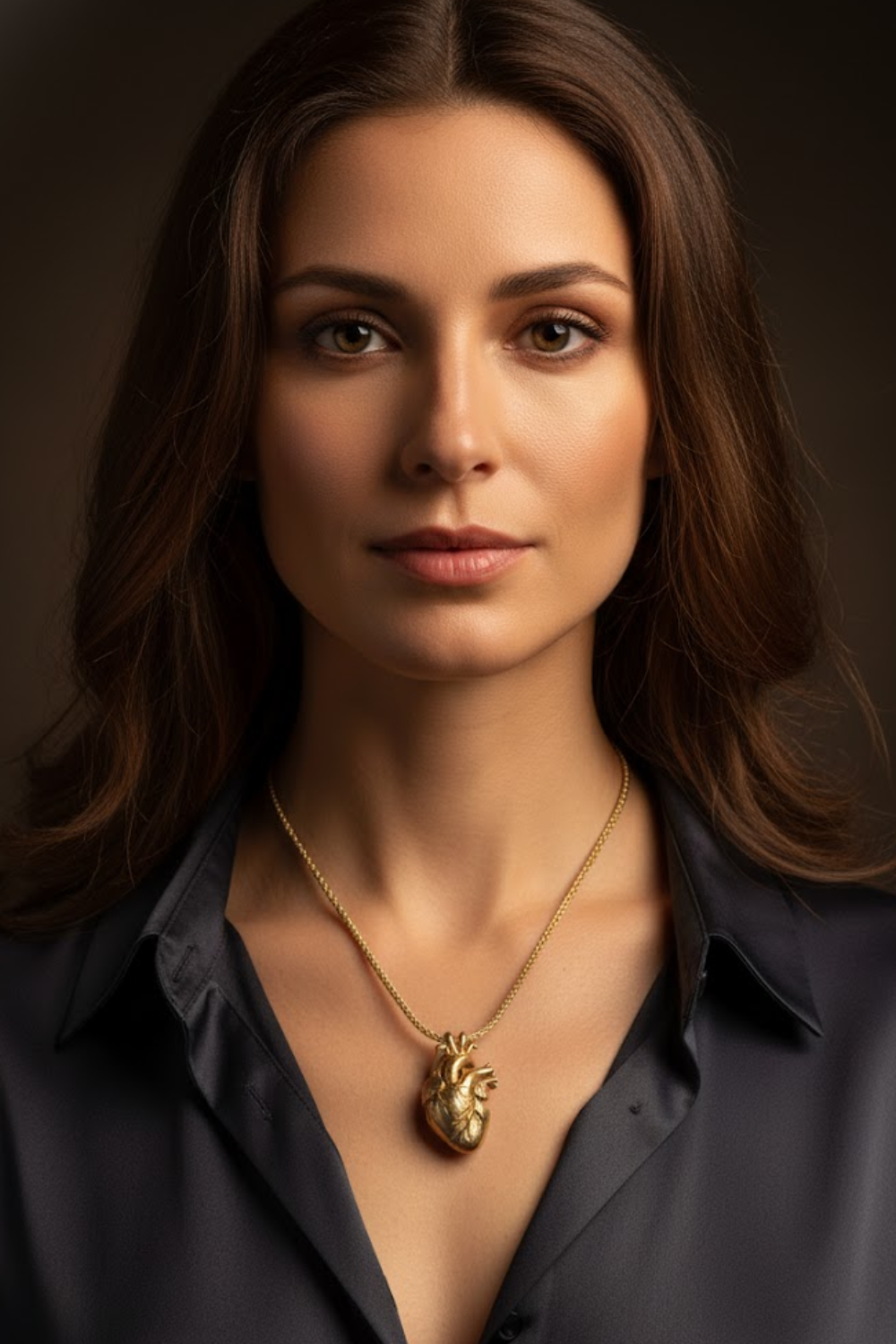 A woman with long brown hair wearing a black blouse and a gold necklace with a heart-shaped pendant.