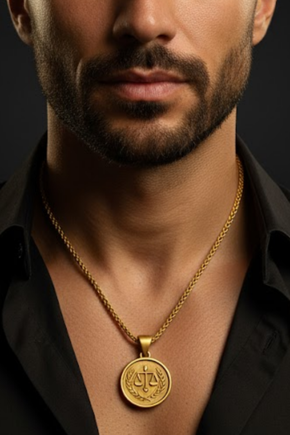 A close-up of a man's neck and chest area, with a gold-colored pendant necklace featuring a circular medallion with a symbol on it.