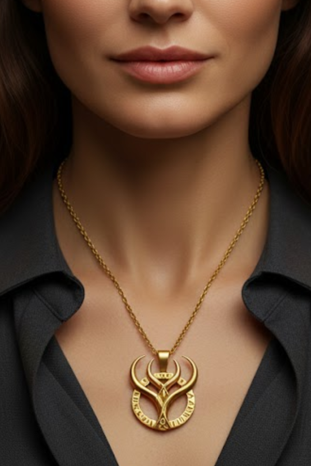 A close-up of a woman's neck and chest area, with a gold necklace featuring a pendant.