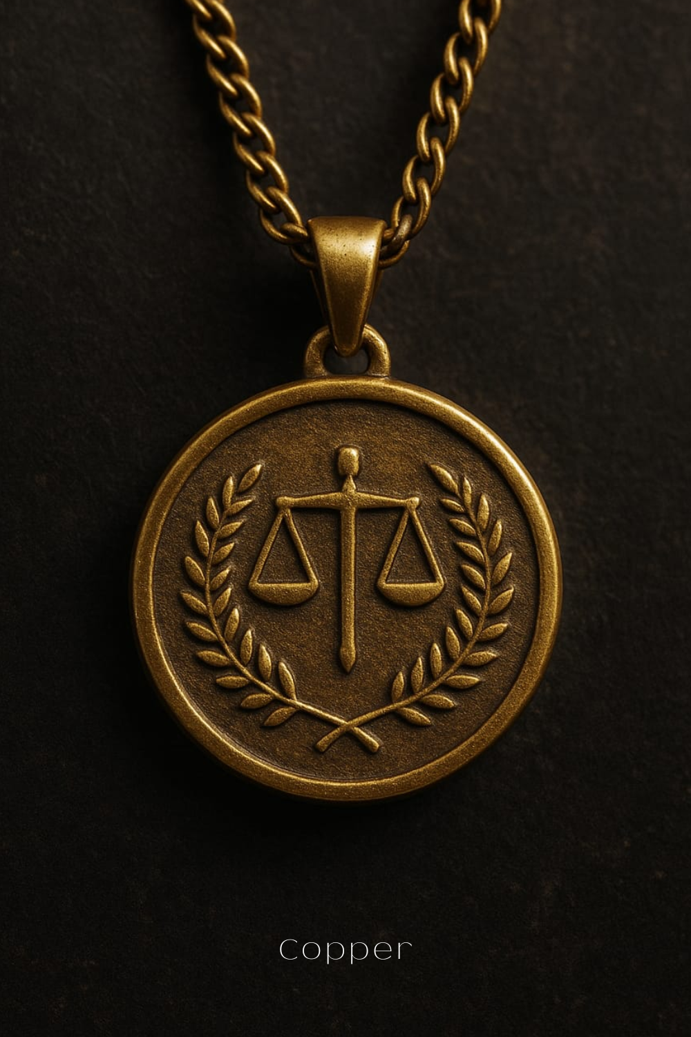 A gold-colored pendant necklace with a circular medallion featuring a balanced scale symbol and laurel leaves.