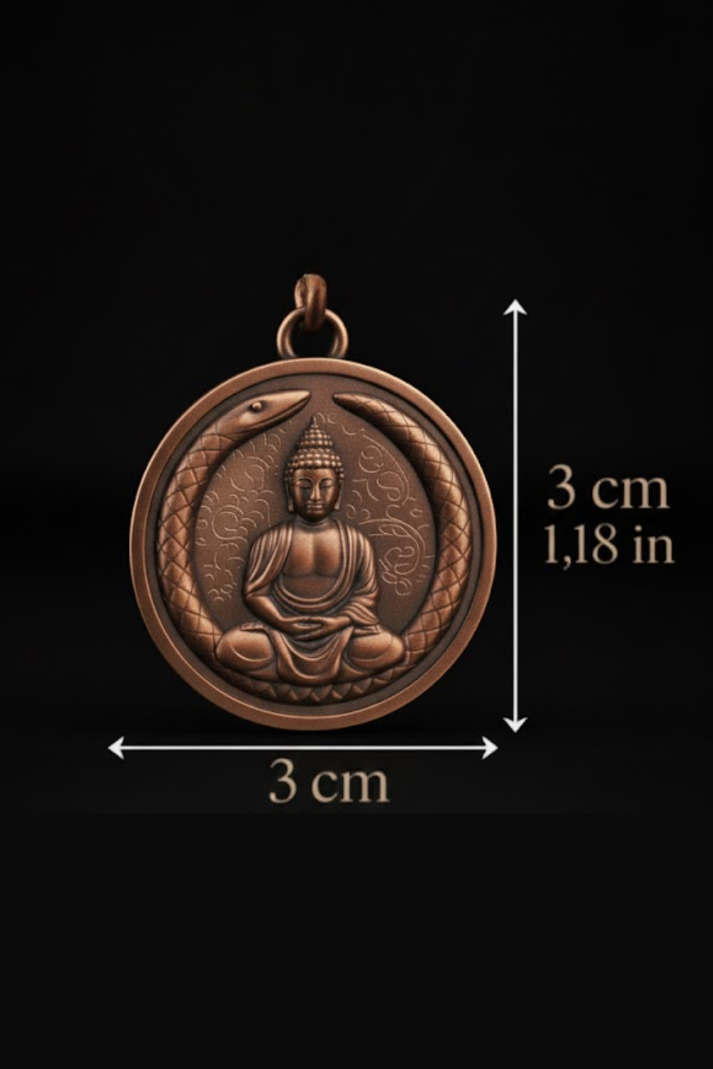 A bronze pendant in the shape of a circular medallion featuring a seated Buddha figure, with a snake wrapped around the medallion. The pendant is approximately 3 cm in diameter.