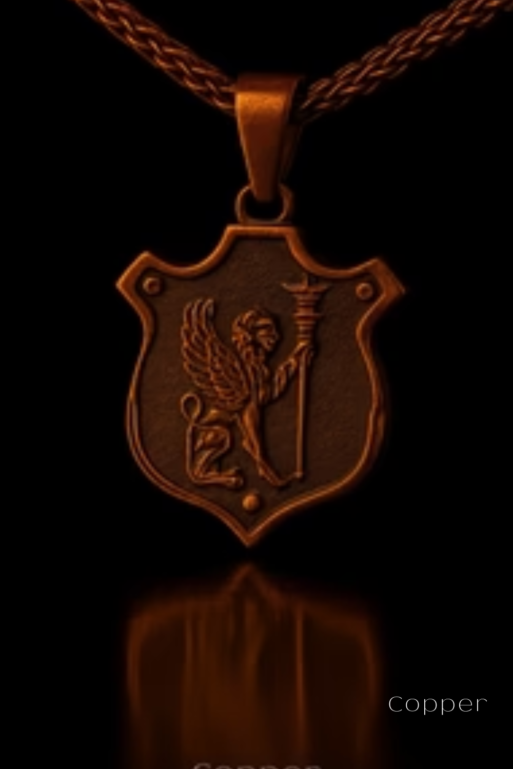 A copper-colored pendant with a shield-shaped design featuring a winged lion and a torch, suspended from a chain against a dark background.
